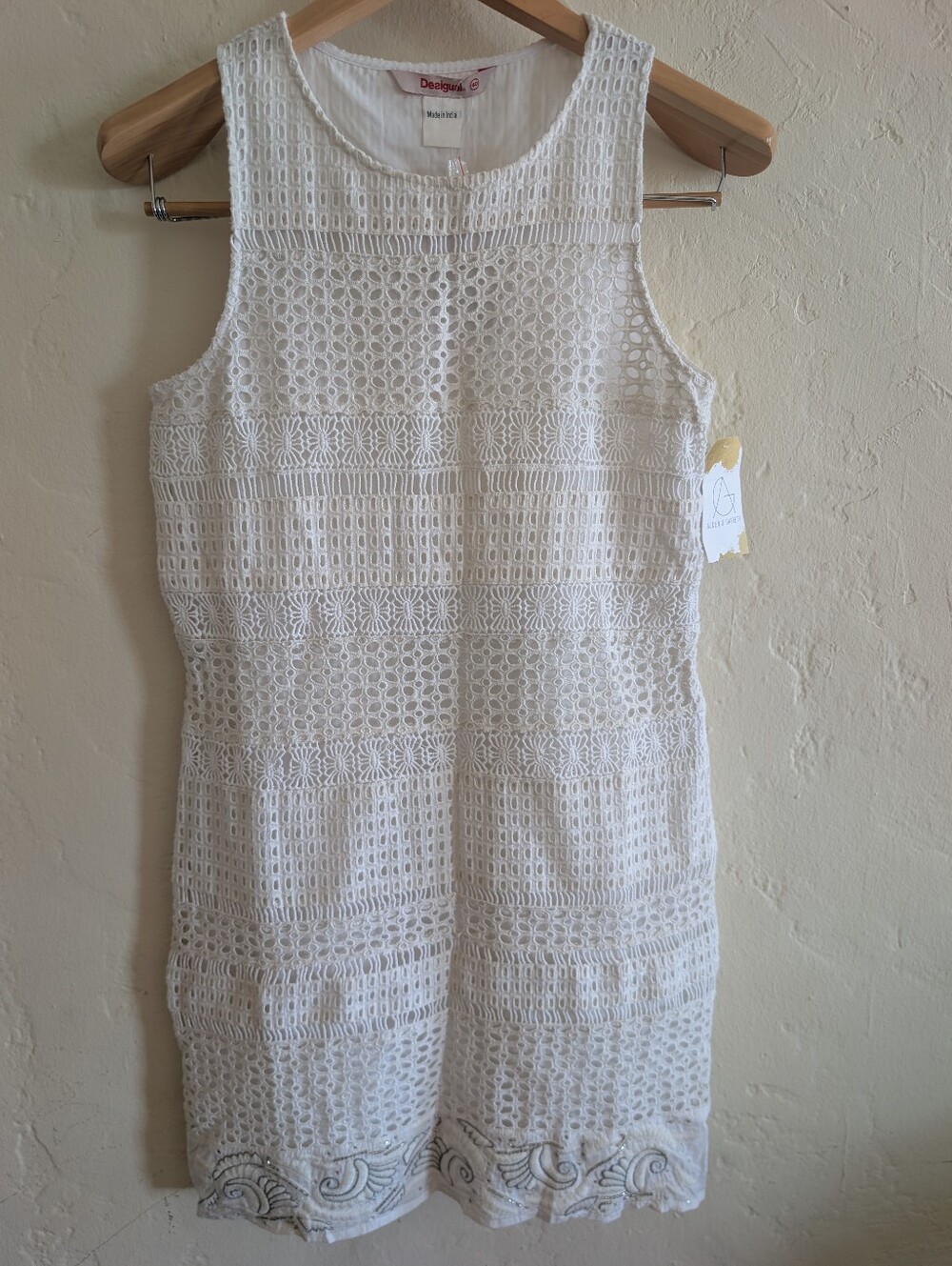 NWT Desigual VEST_NAVARRA White Eyelet Lace Dress 100% Cotton Size EUR 40 US 6 S